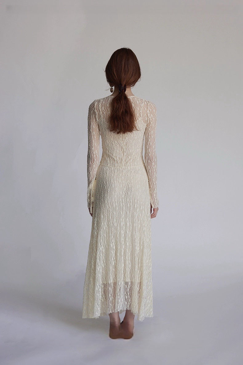 Trumpet Sleeve Knitted Lace Sheer Tie Dress