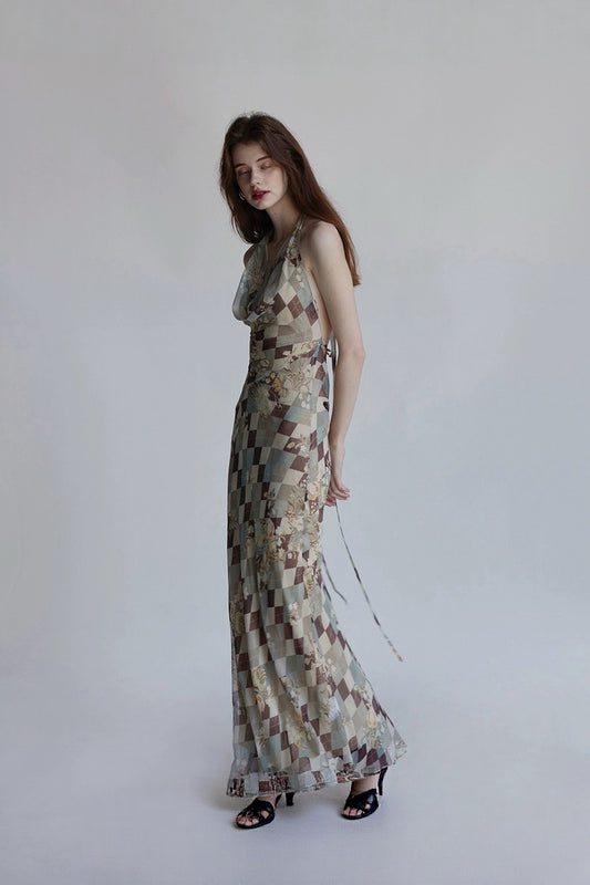 Pear Blossom Checkered Silk Bias-Cut Deep V-Back Resort Dress Set