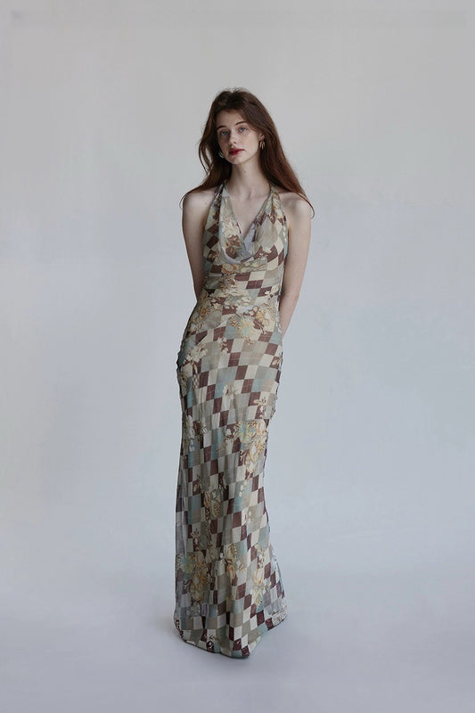 Pear Blossom Checkered Silk Bias-Cut Deep V-Back Resort Dress Set