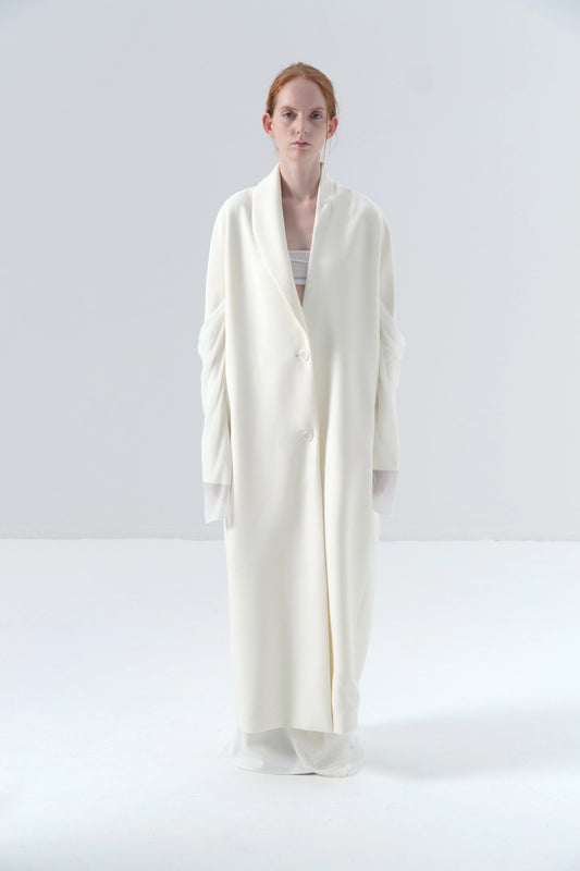 White Long Coat with Spliced Sleeves and Asymmetric Design