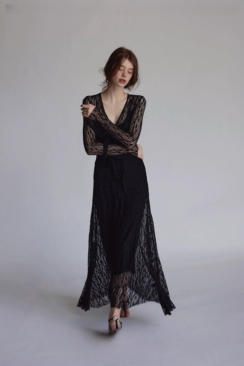 Trumpet Sleeve Knitted Lace Sheer Tie Dress