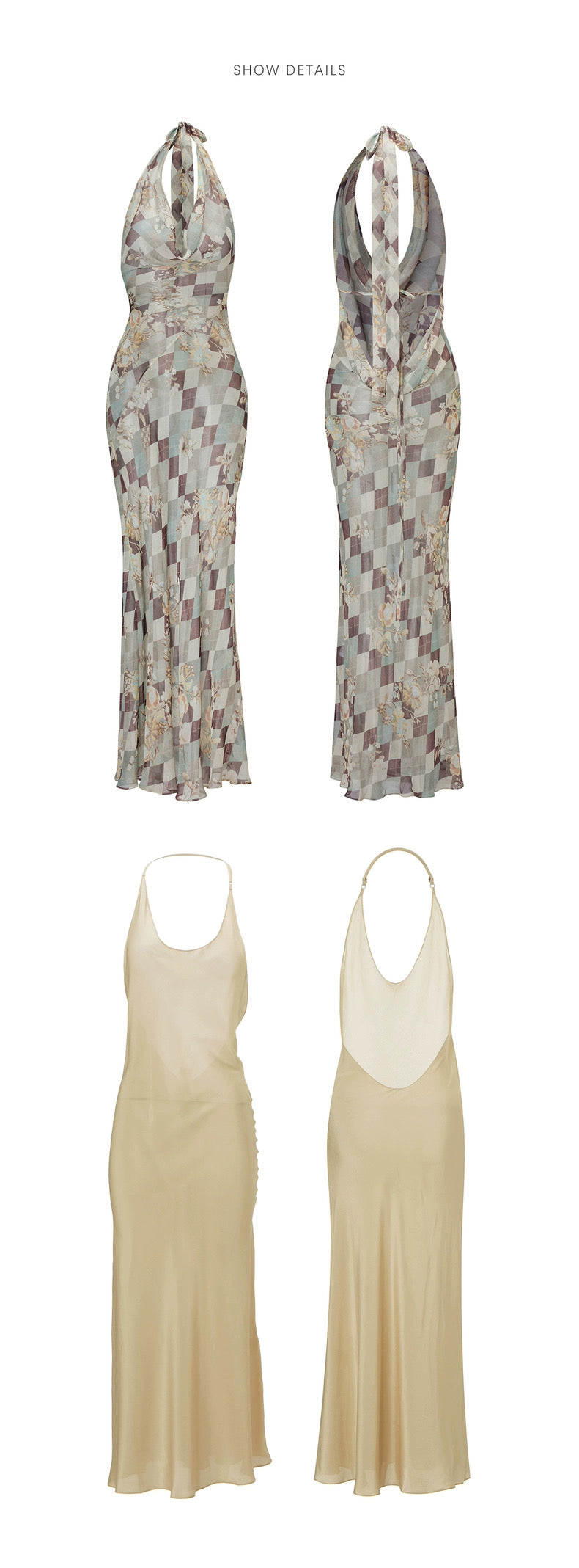 Pear Blossom Checkered Silk Bias-Cut Deep V-Back Resort Dress Set