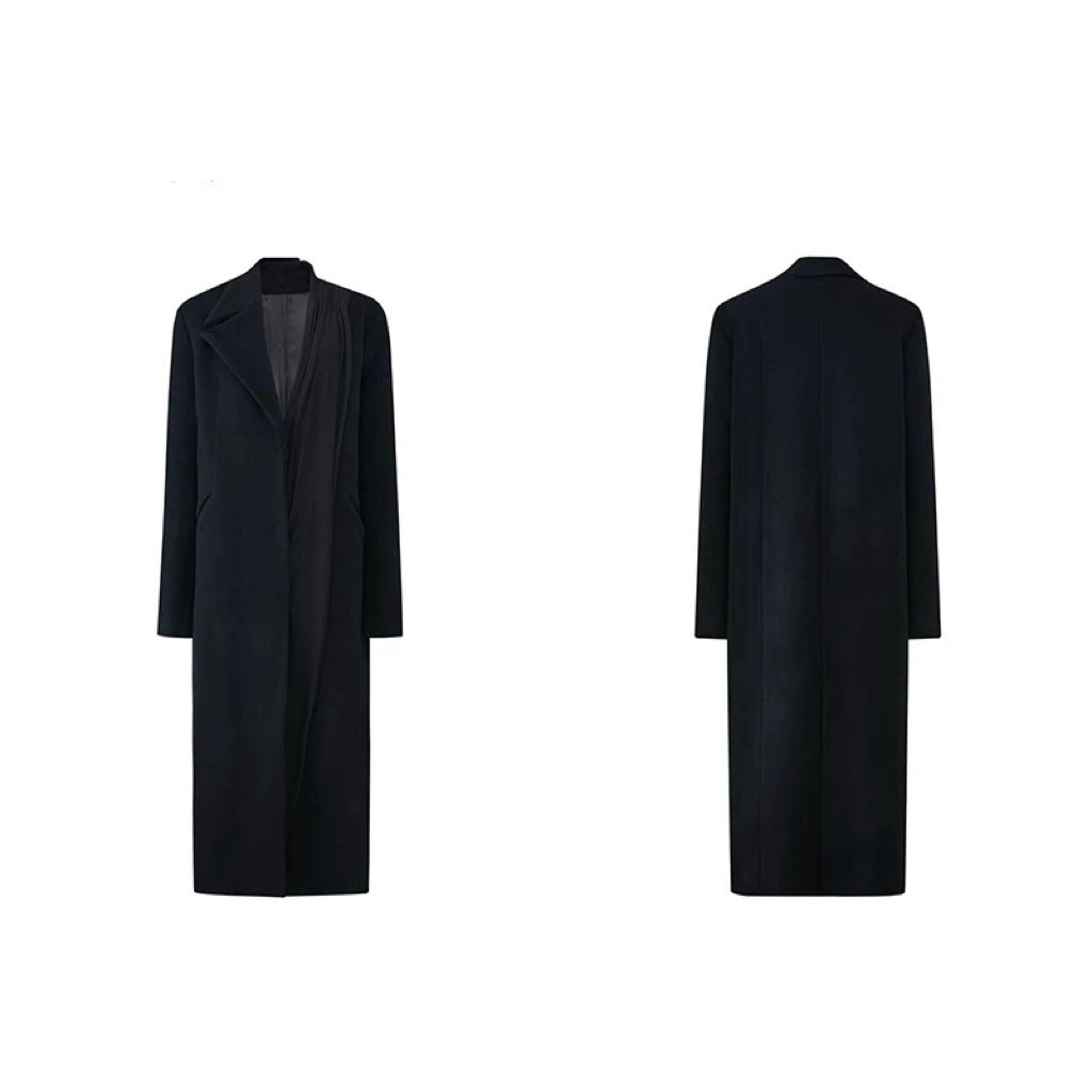 Black Wool Coat with Asymmetric Wide Lapel
