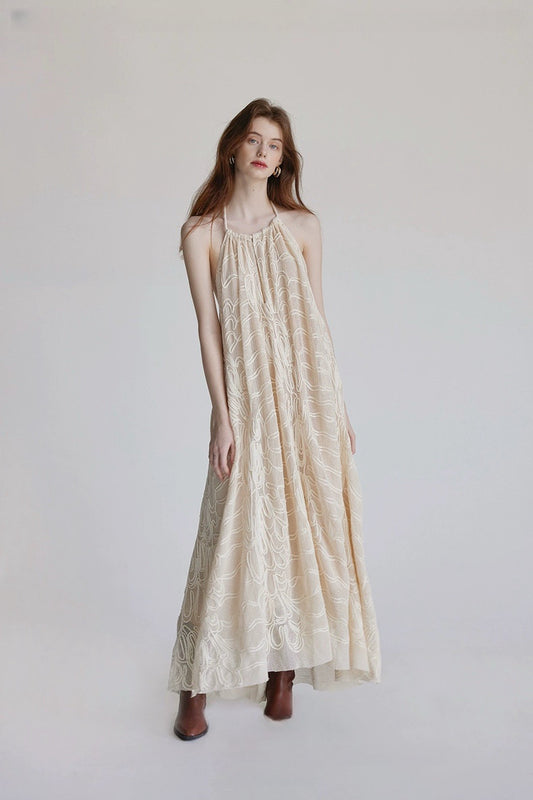 Woven Beige Woven Backless Vacation Dress