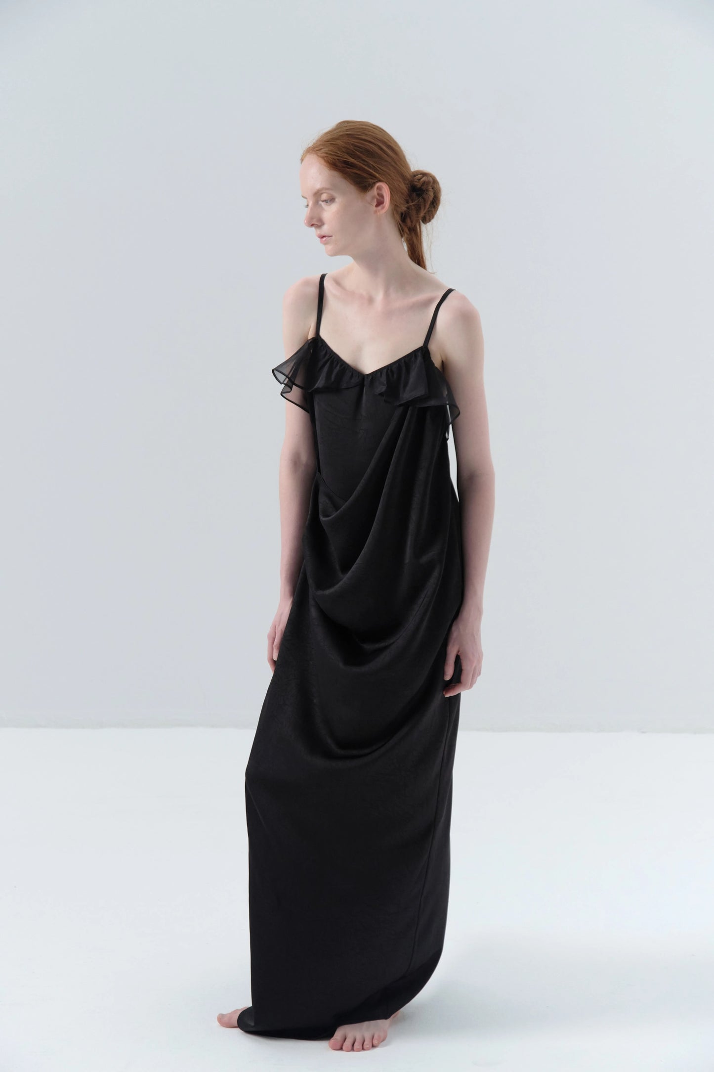 Asymmetric Draped Black Camisole Dress