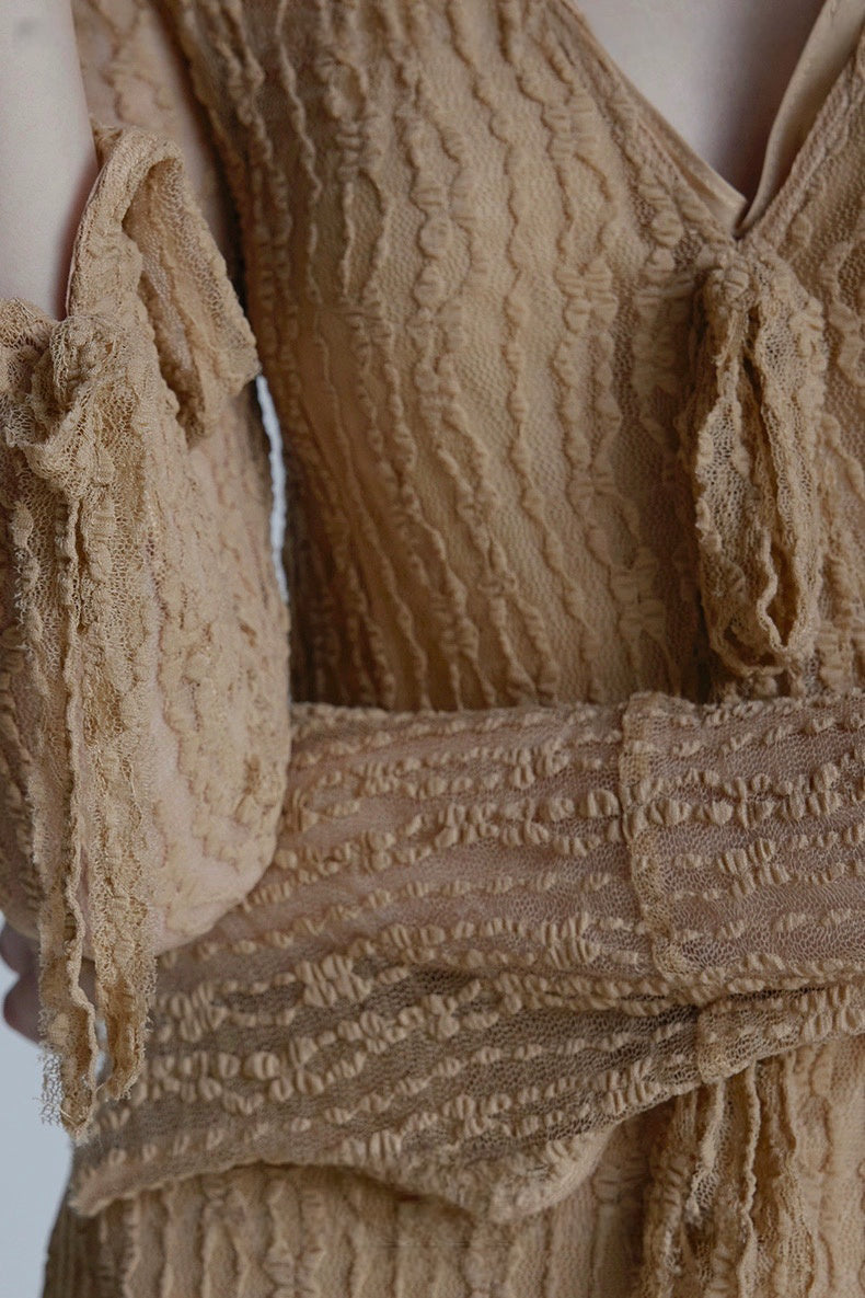 Trumpet Sleeve Knitted Lace Sheer Tie Dress