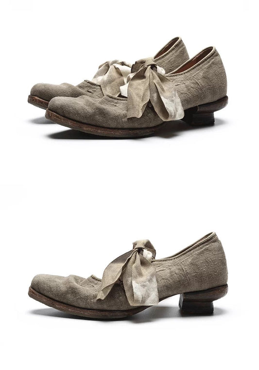 Handmade Leather Shoes with Plant-Dyed Hand-Scrunched Textured Ribbons