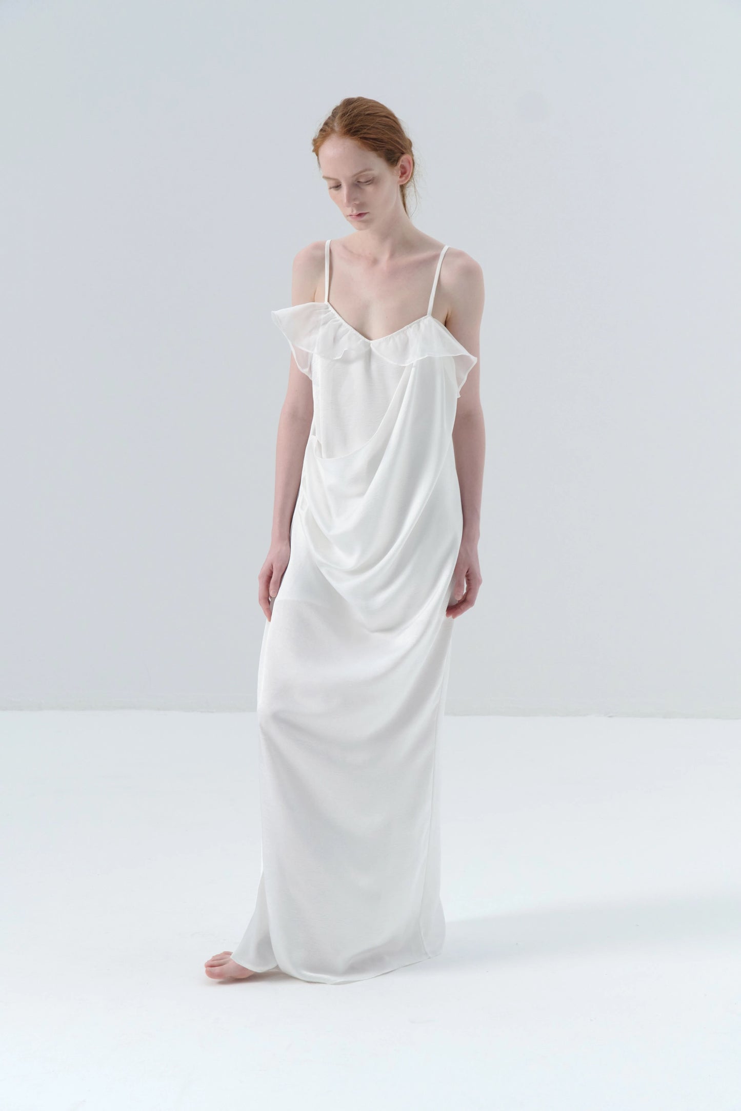 Asymmetric Draped White Camisole Dress