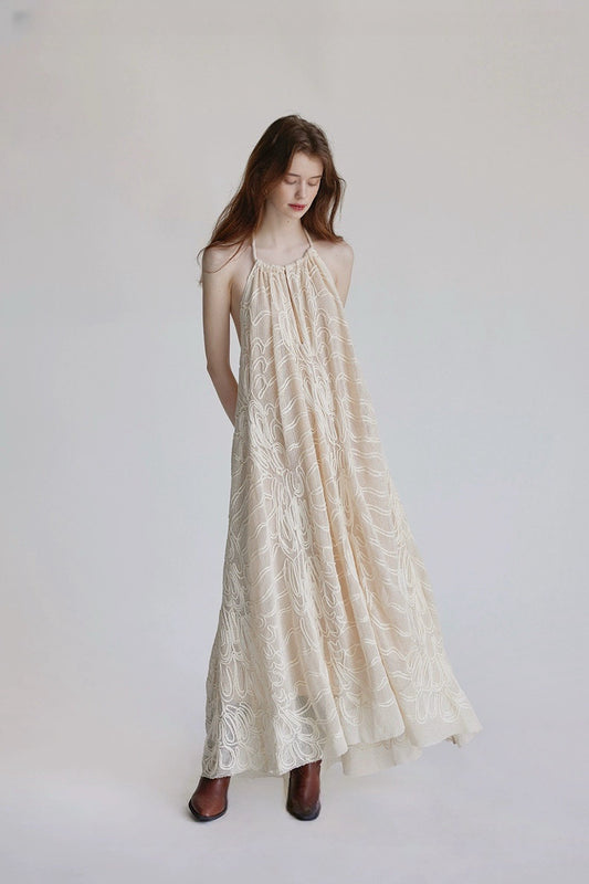 Woven Beige Woven Backless Vacation Dress