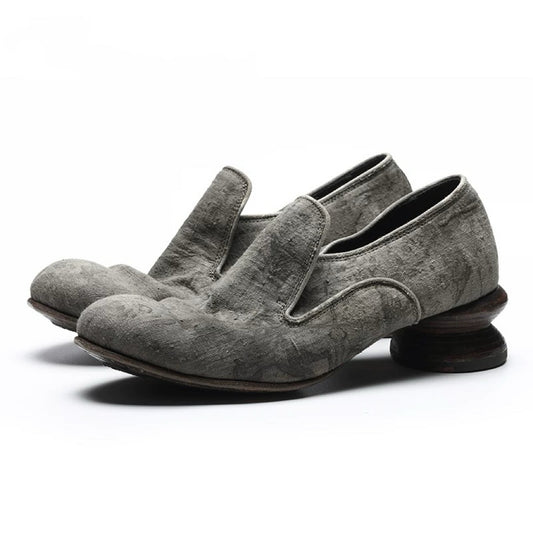 Handmade Leather Shoes with Handwoven Cotton & Plant-Dyed Finish and Textured Creases