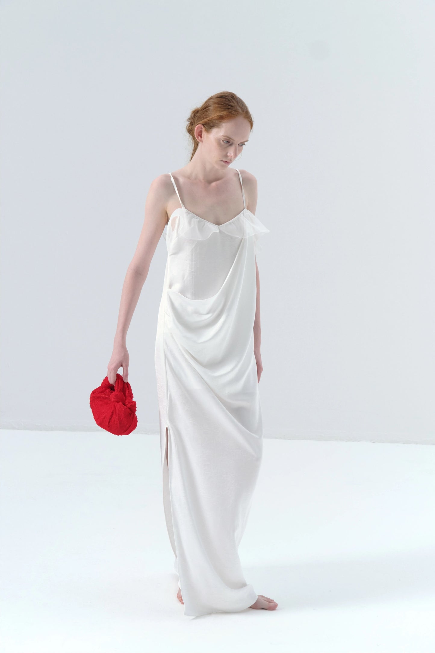 Asymmetric Draped White Camisole Dress