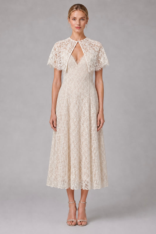 Detachable Lace Cape Midi Slip Dress With Built-In Bra