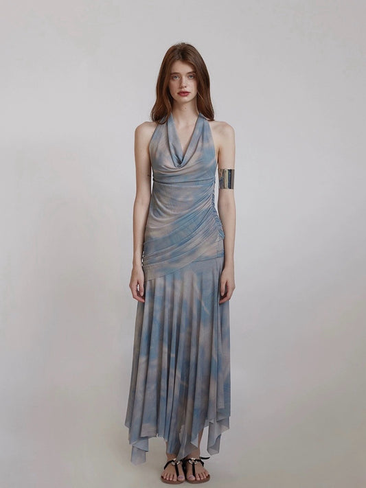 Backless mesh hanging neck lapel printed dress