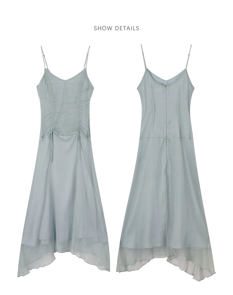 Drawstring pleated silk suspender skirt