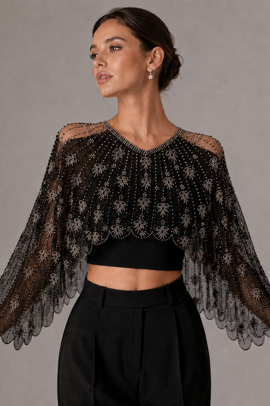 Sparkly Black Beaded Mesh Cape Shrug Evening Party Top