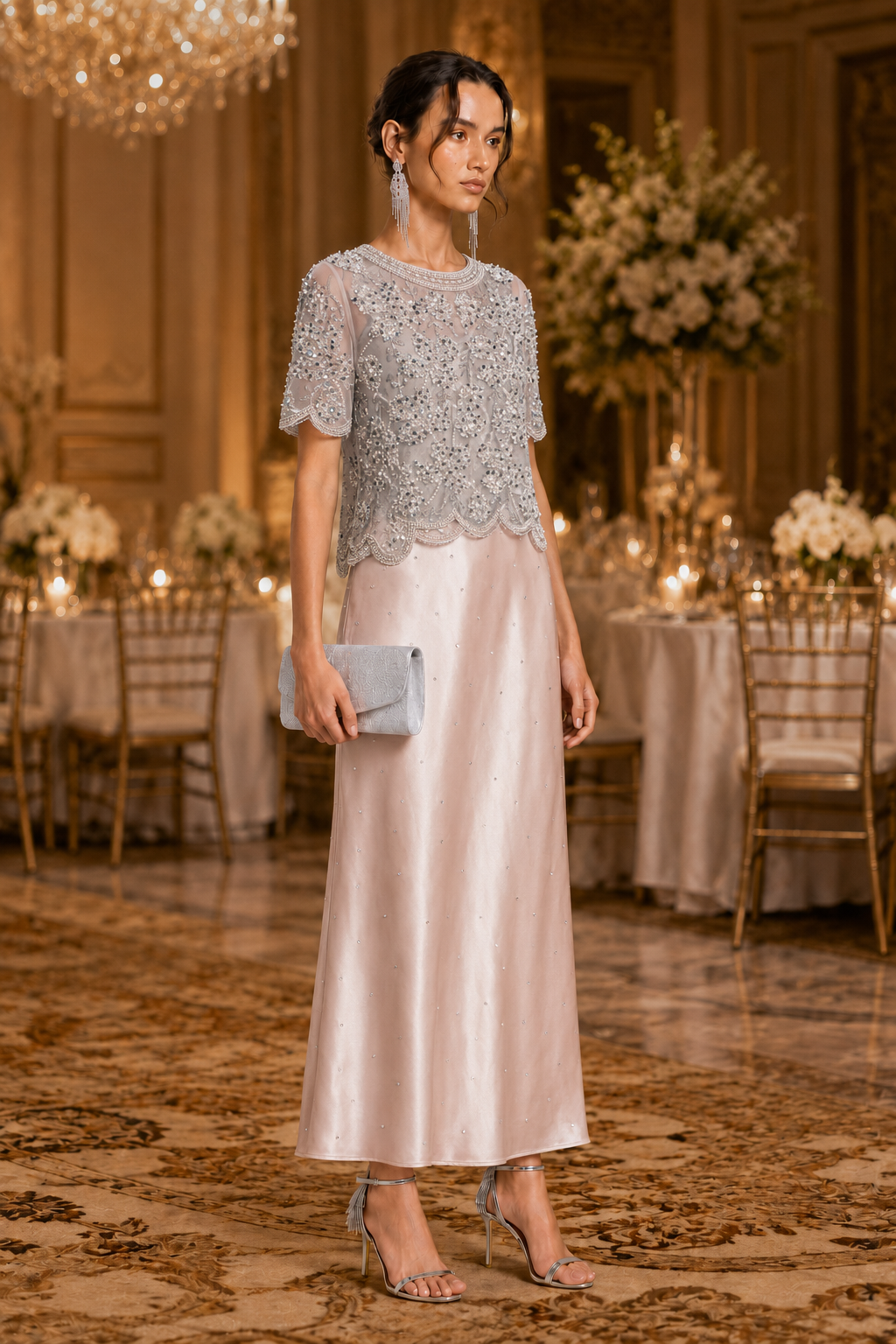 Womens Hand Embellished Floral Tulle Top Wedding Guest Cocktail Formal Blouse