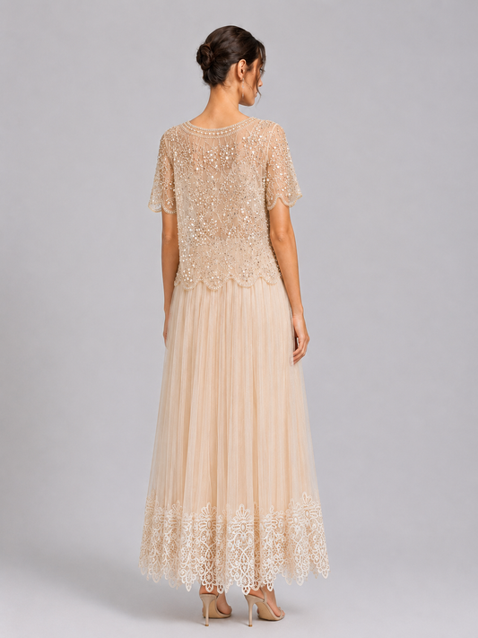 Women High Waist Pleated Tulle Skirt Crochet Lace Hem Wedding Guest Skirt