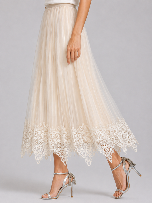 Women High Waist Pleated Tulle Skirt Crochet Lace Hem Wedding Guest Skirt