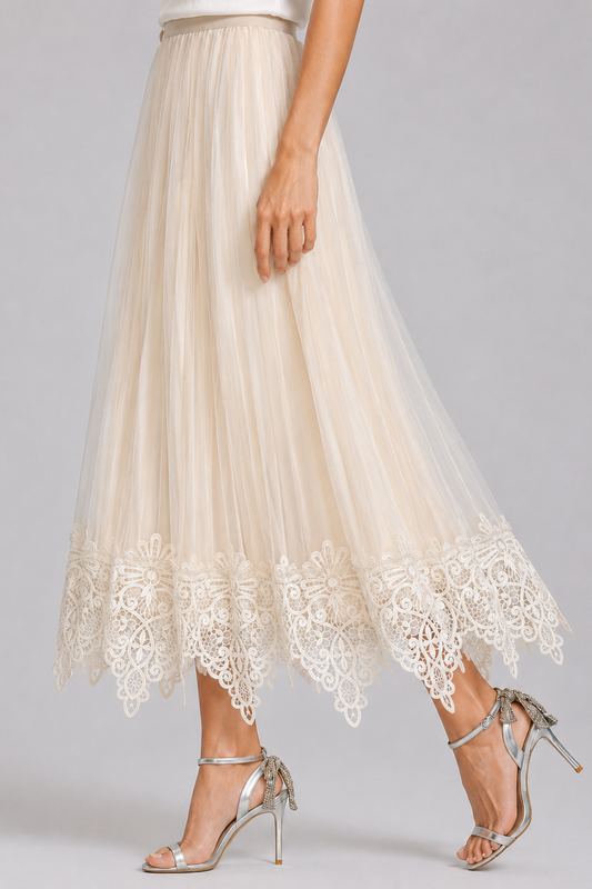Women High Waist Pleated Tulle Skirt Crochet Lace Hem Wedding Guest Skirt