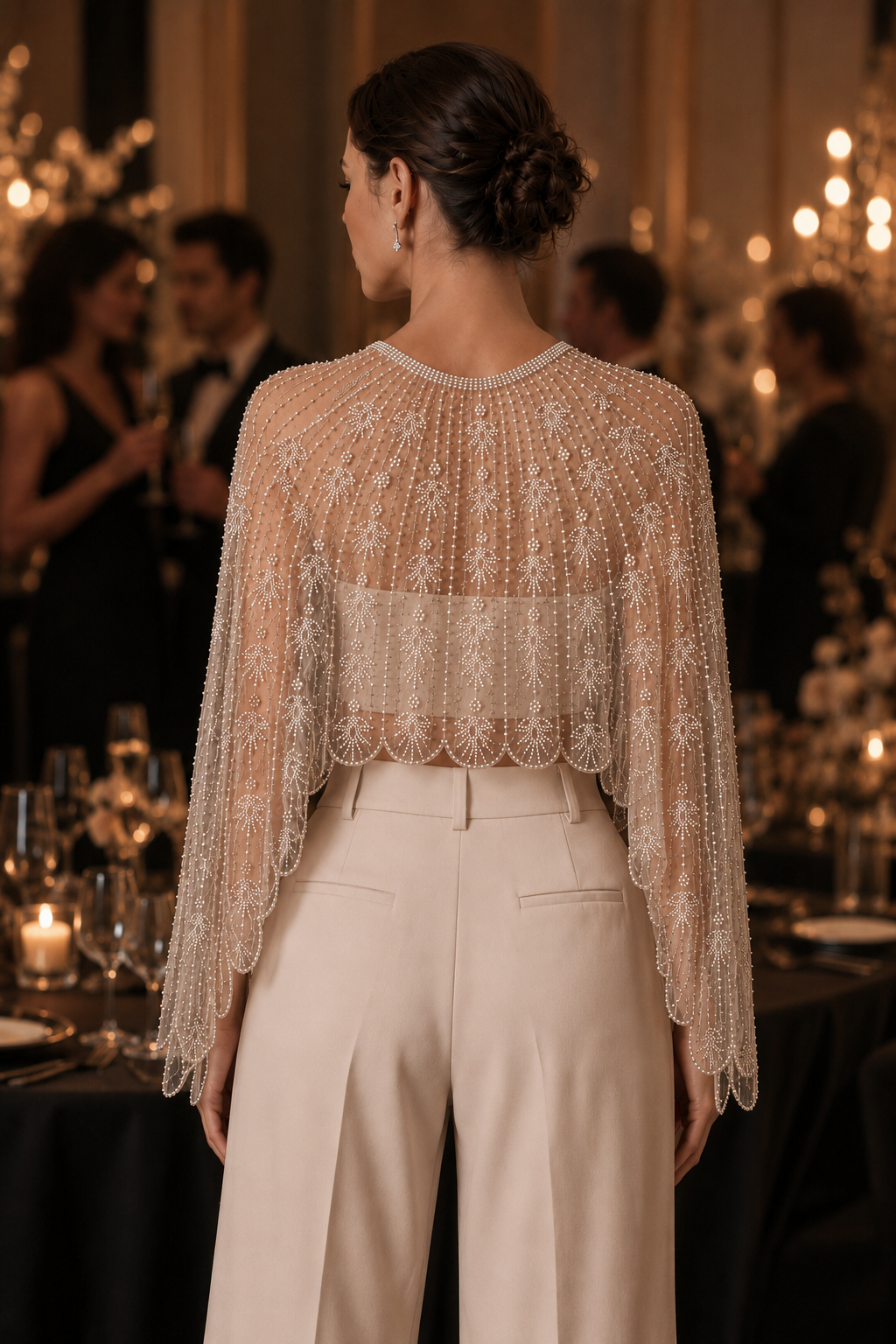 Beaded Mesh Cape Shrug V Neck Long Sleeve Wedding Evening Bolero Jacket
