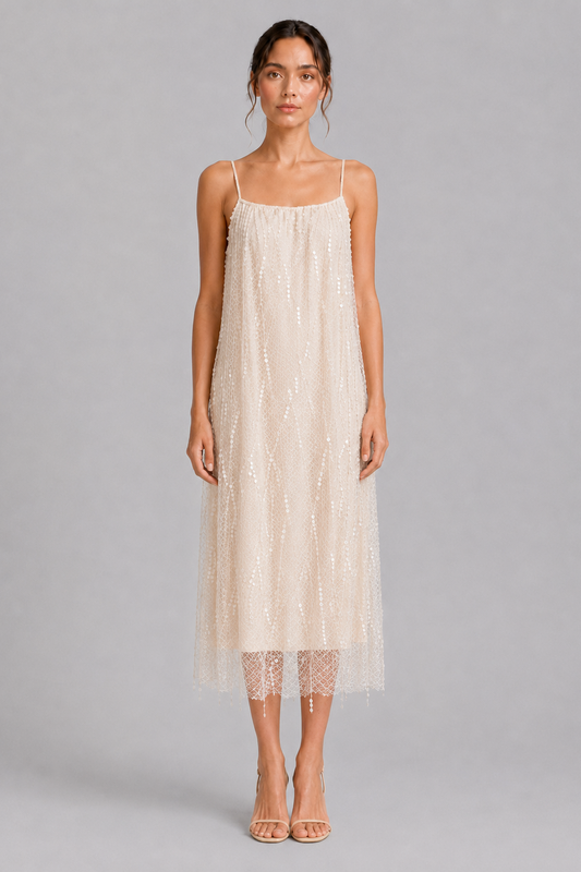 Beaded Fringe Spaghetti Strap Midi Slip Dress Elegant Party Dress