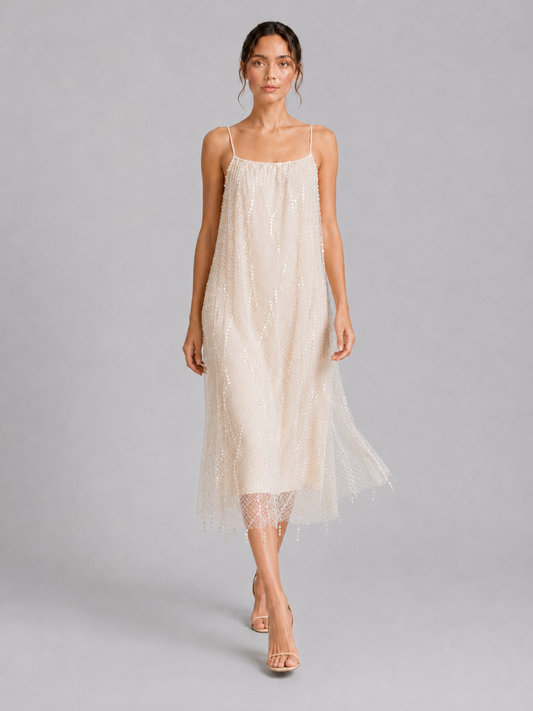 Beaded Fringe Spaghetti Strap Midi Slip Dress Elegant Party Dress