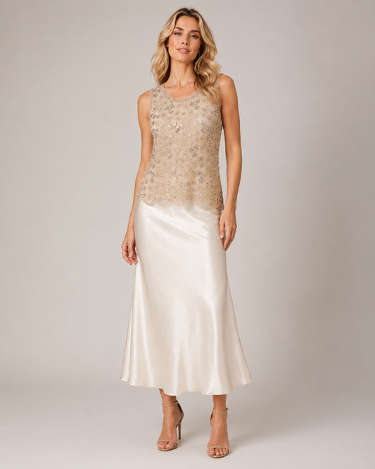 Beaded Floral Mesh Sleeveless Tank Top