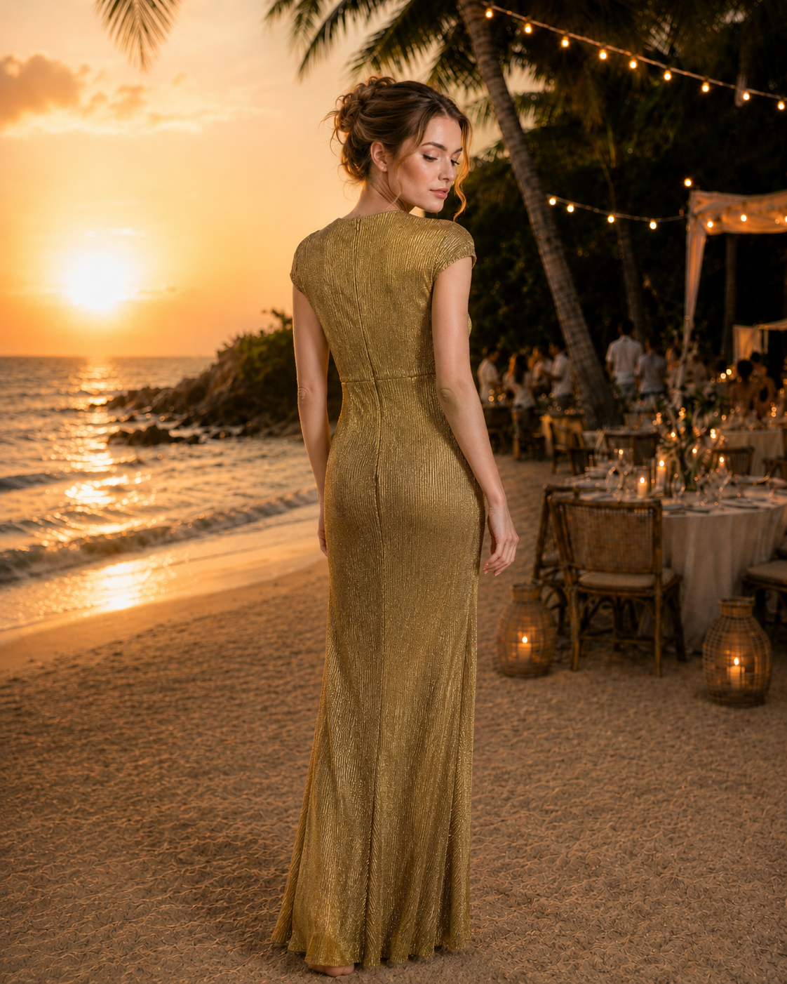Metallic Gold Cap Sleeve Ruched Mermaid Maxi Dress