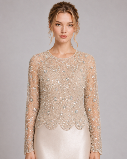 Beaded Sheer Long Sleeve Scalloped Blouse