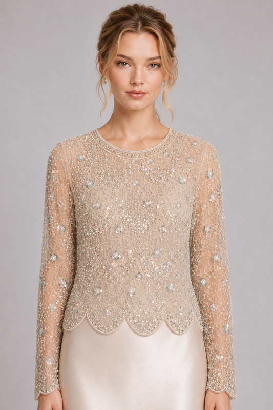 Beaded Sheer Long Sleeve Scalloped Blouse