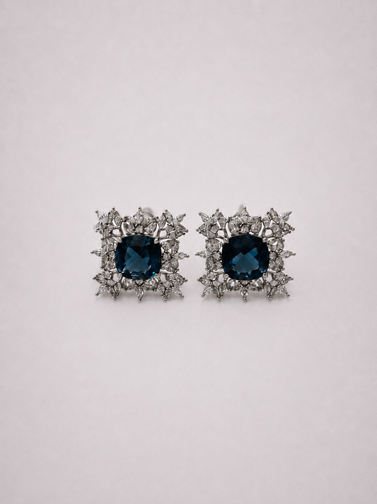 Square Floral Natural London Blue Topaz S925 Silver Stud Earrings