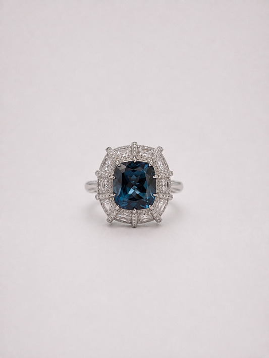 Cushion Cut London Blue Topaz Halo S925 Sterling Silver Ring