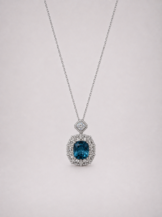Cushion Cut London Blue Topaz Halo S925 Silver Pendant Necklace