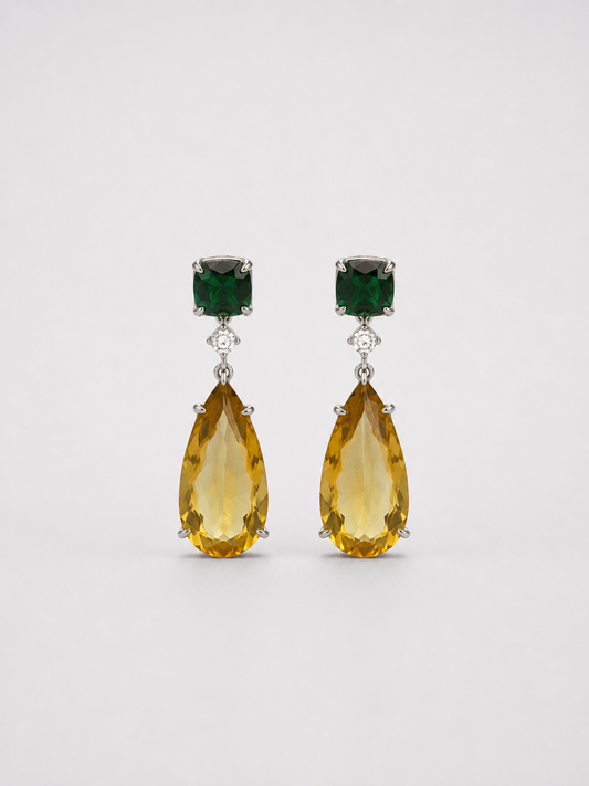 Pear Shape Citrine & Emerald S925 Sterling Silver Drop Earrings