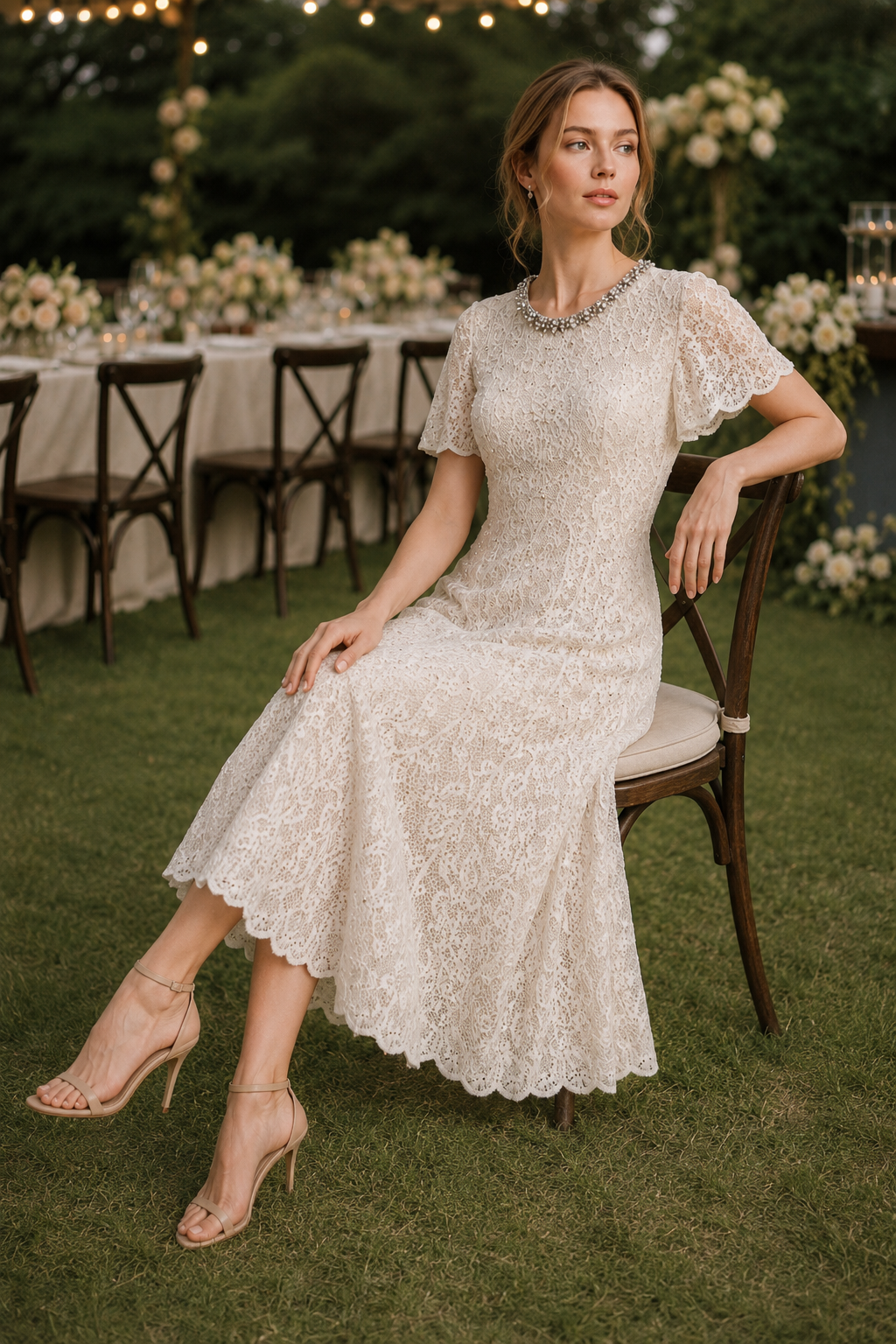 Champagne Lace Midi Dress With Beaded Neck（（With built-in slip lining）