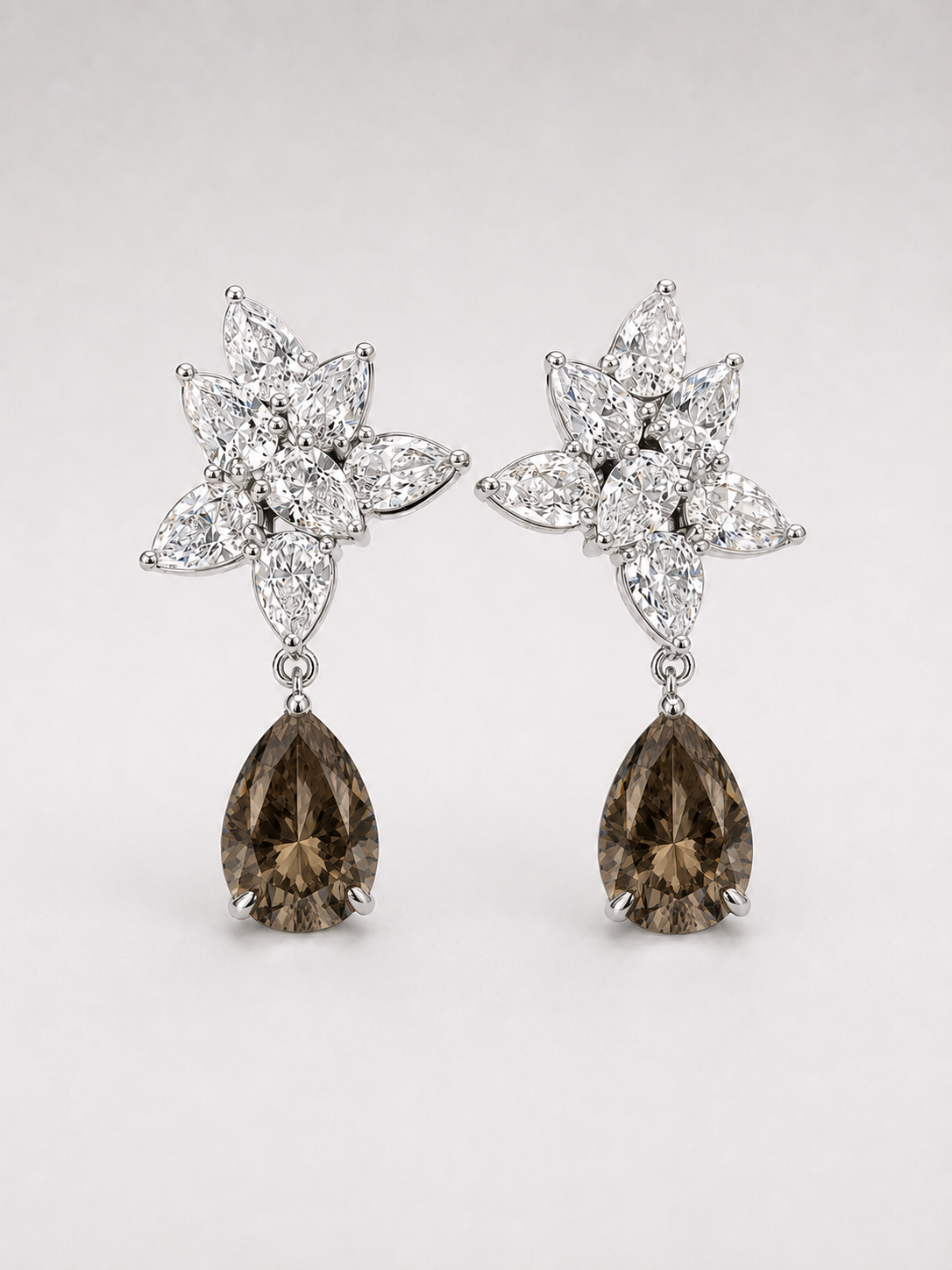 Floral Pave Smoky Quartz Drop Earrings S925 Sterling Silver
