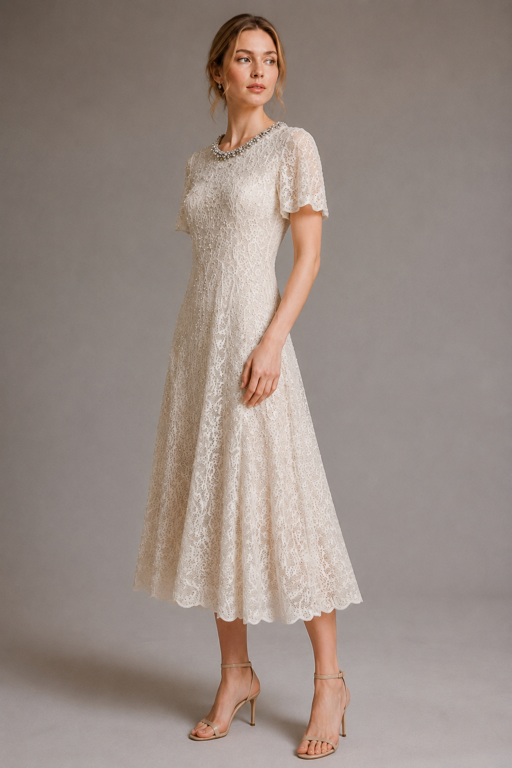 Champagne Lace Midi Dress With Beaded Neck（（With built-in slip lining）