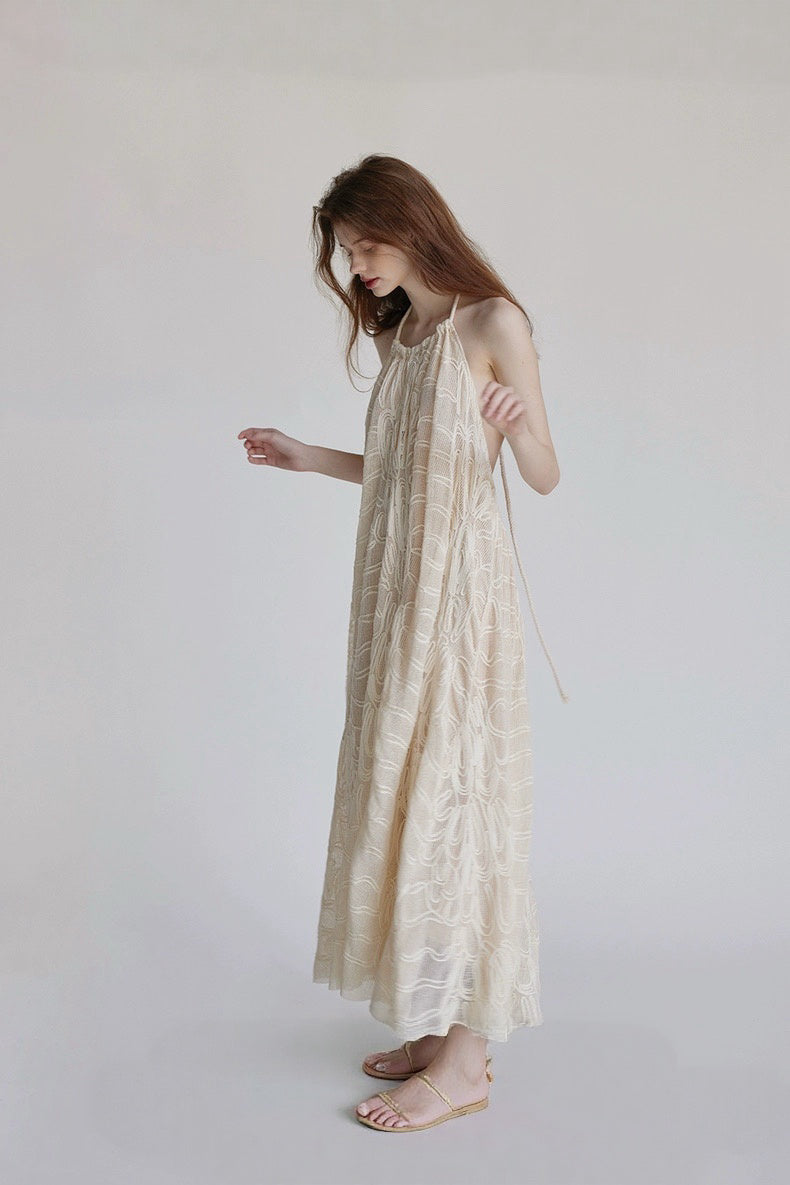 Woven Beige Woven Backless Vacation Dress