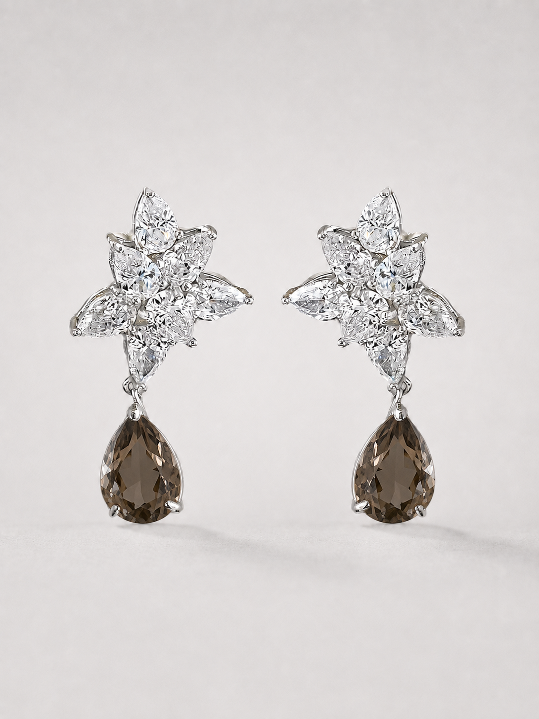 Floral Pave Smoky Quartz Drop Earrings S925 Sterling Silver