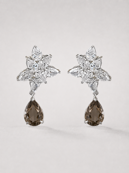Floral Pave Smoky Quartz Drop Earrings S925 Sterling Silver