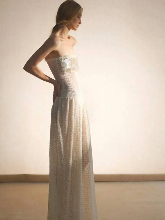 Indian Handmade High-Customization Sheer Sequin Pearl Hollow-Out Ruched Knitted Crop Top Dress