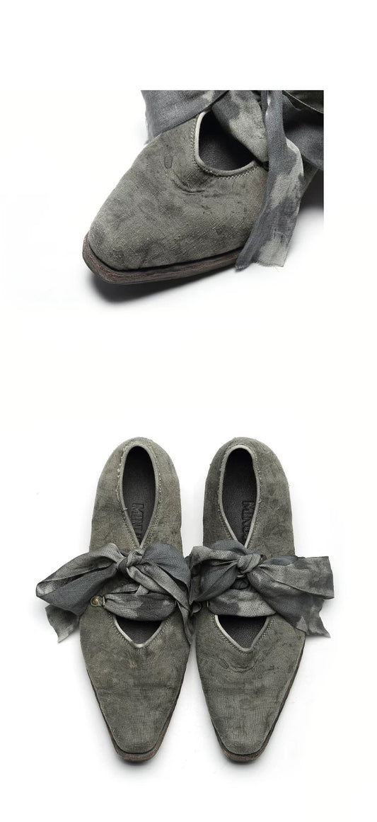 Handmade Leather Shoes with Hand-Knotted Textured Ribbons (Dyed with Natural Plants, Made of Homespun Fabric)