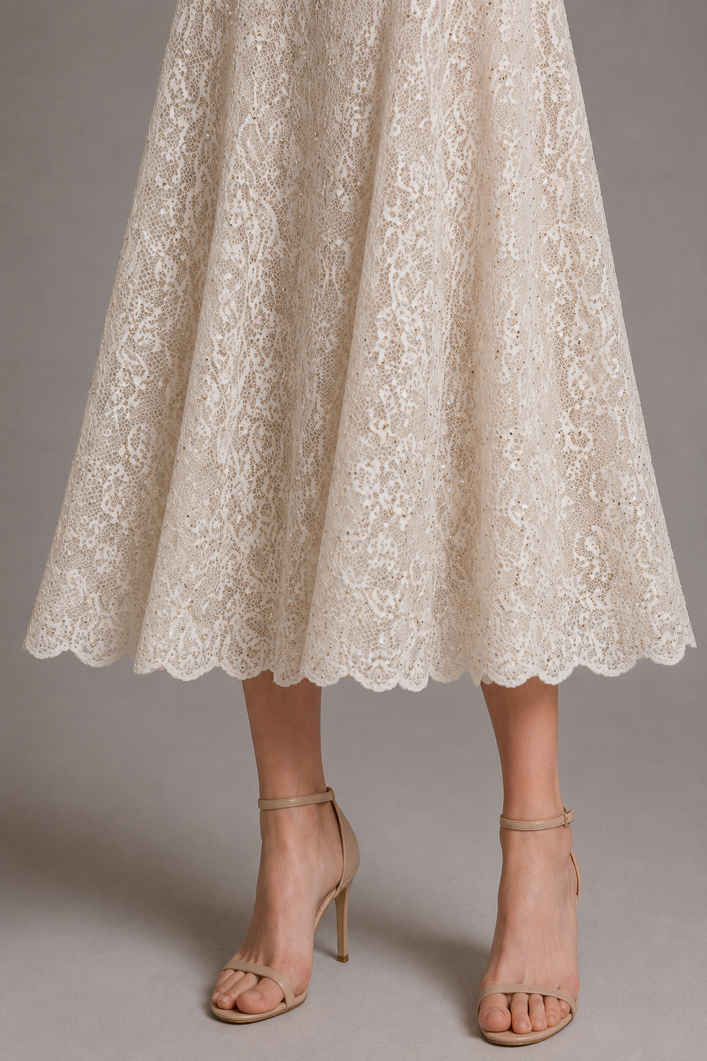 Champagne Lace Midi Dress With Beaded Neck（（With built-in slip lining）