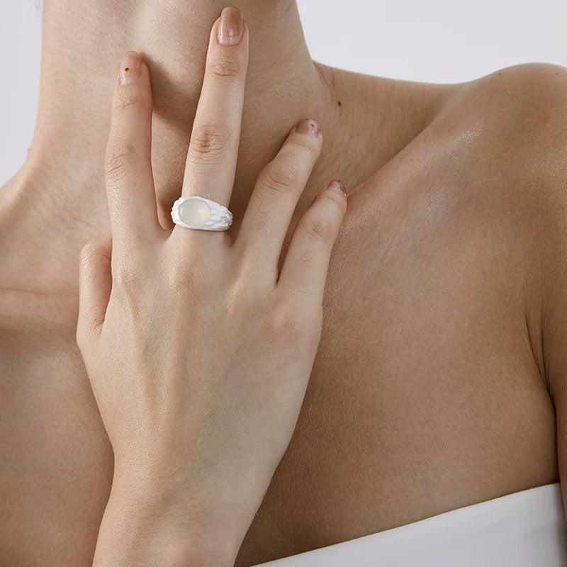 Women's 925 Sterling Silver Open White Chalcedony Seed Ring