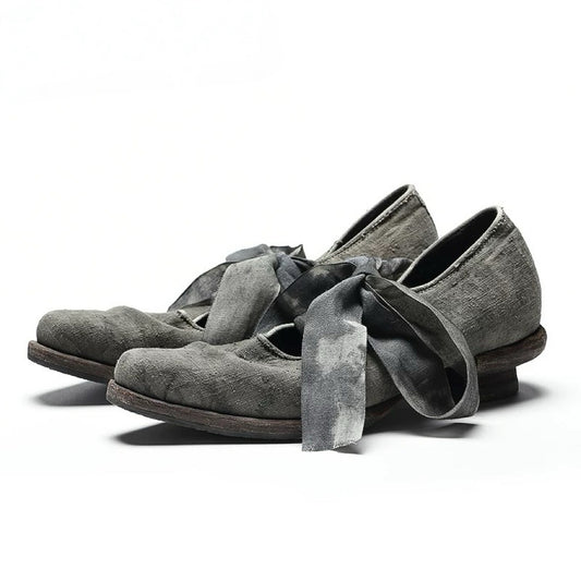 Handmade Leather Shoes with Hand-Knotted Textured Ribbons (Dyed with Natural Plants, Made of Homespun Fabric)