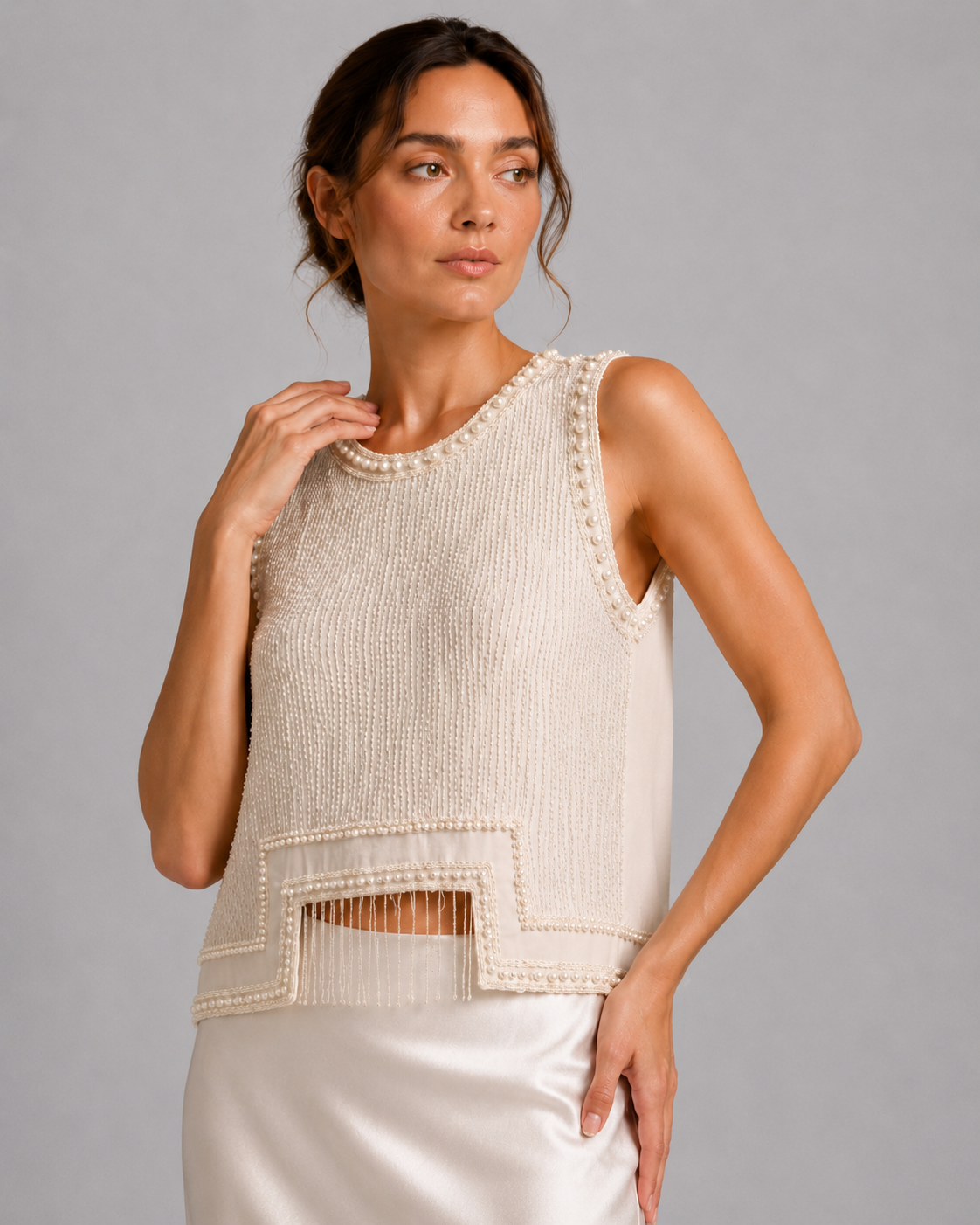 Ivory Pearl Beaded Sleeveless Top