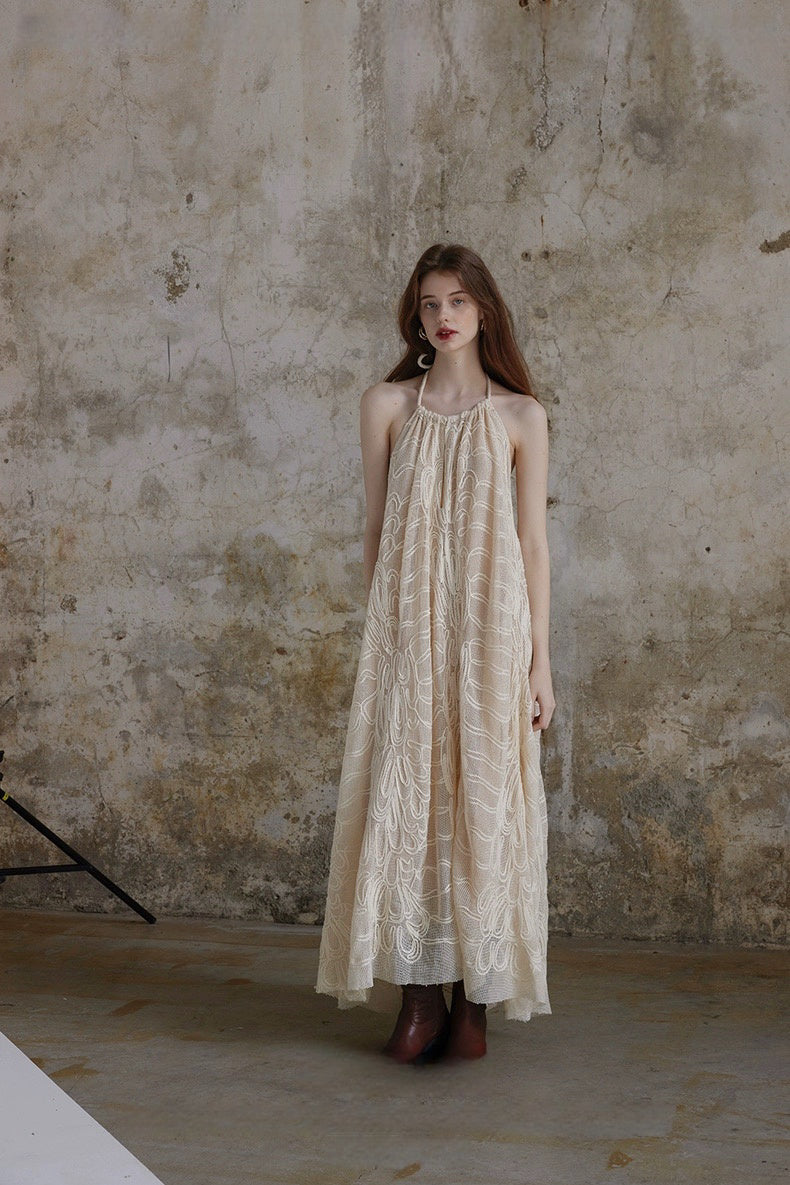 Woven Beige Woven Backless Vacation Dress