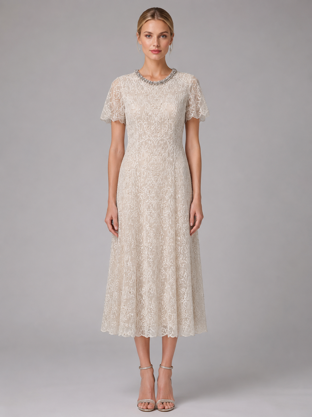 Champagne Lace Midi Dress With Beaded Neck（（With built-in slip lining）