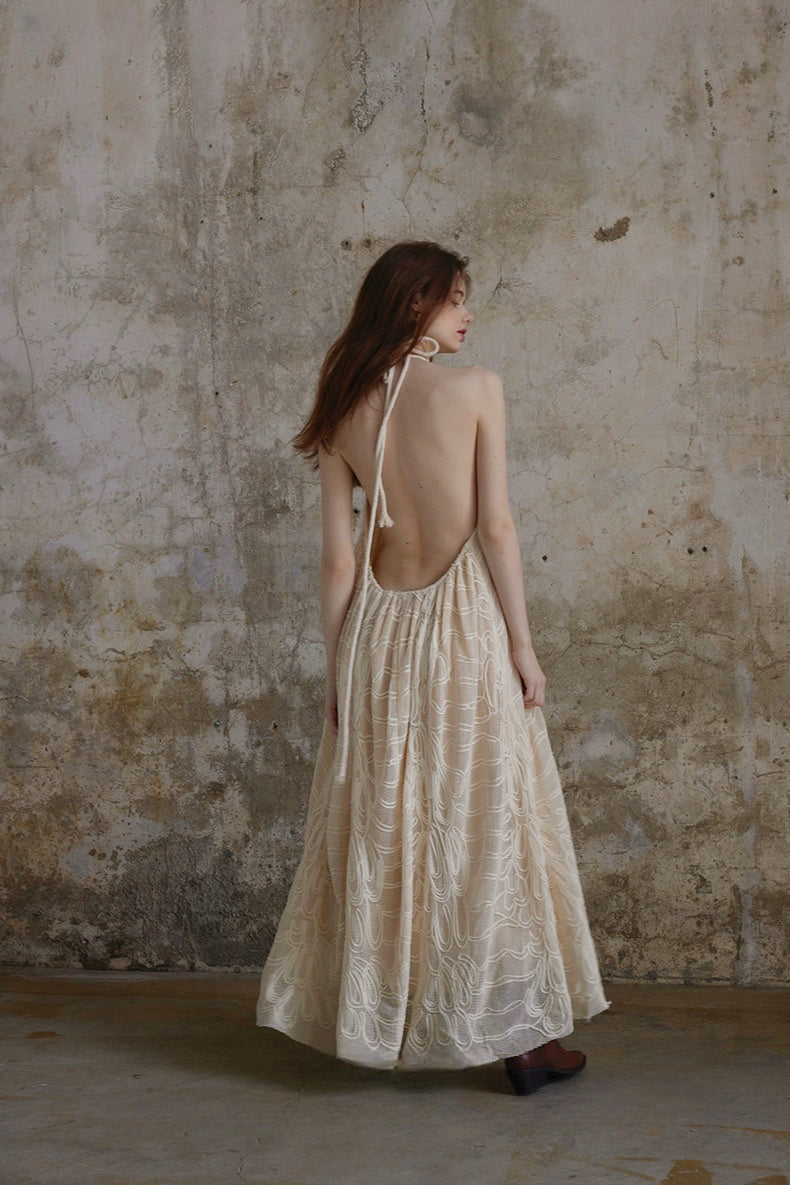 Woven Beige Woven Backless Vacation Dress