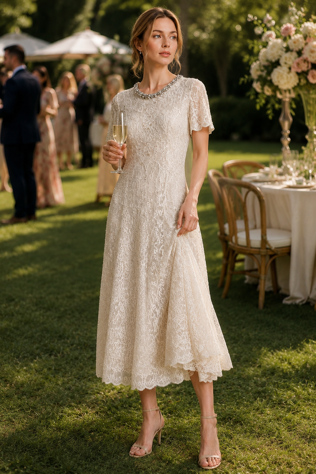 Champagne Lace Midi Dress With Beaded Neck((With built-in slip lining) – LEC